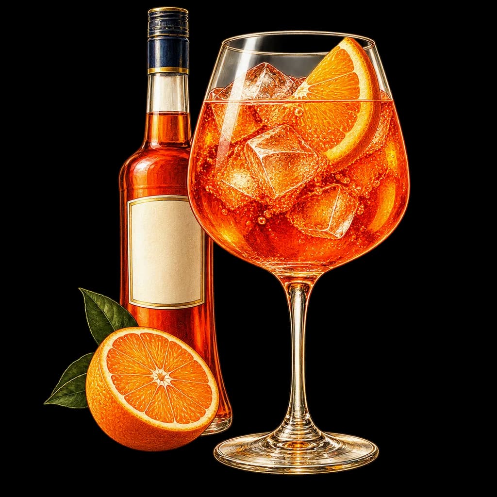 Aperol Spritz servido en copa de vino. Ilustración de Alcopedia.