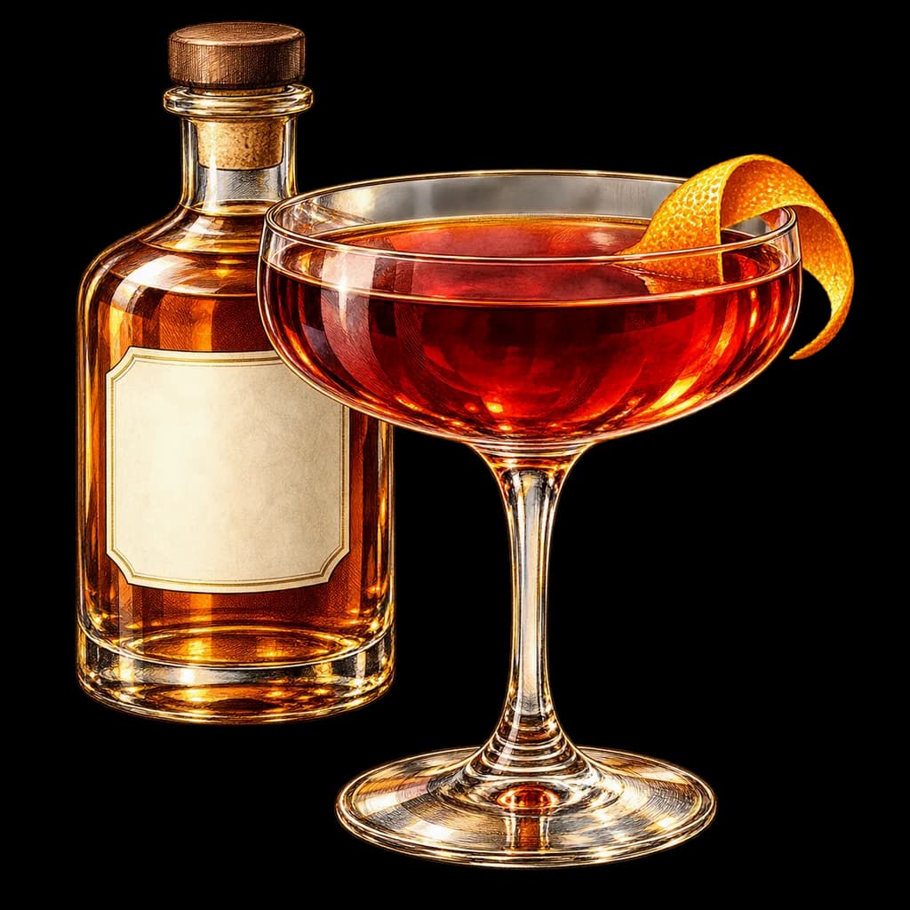 Boulevardier servido en copa coupé. Ilustración de Alcopedia.