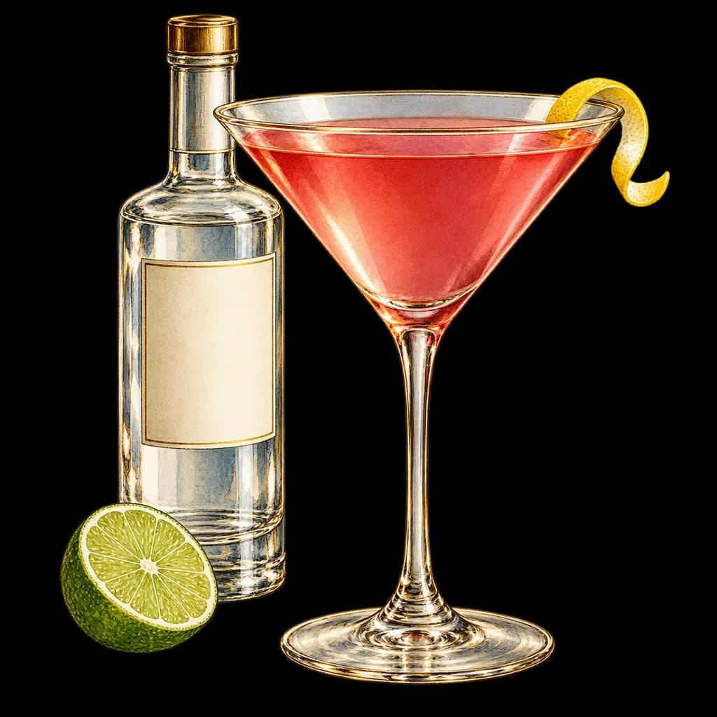 Cosmopolitan servido en copa de cóctel. Ilustración de Alcopedia.