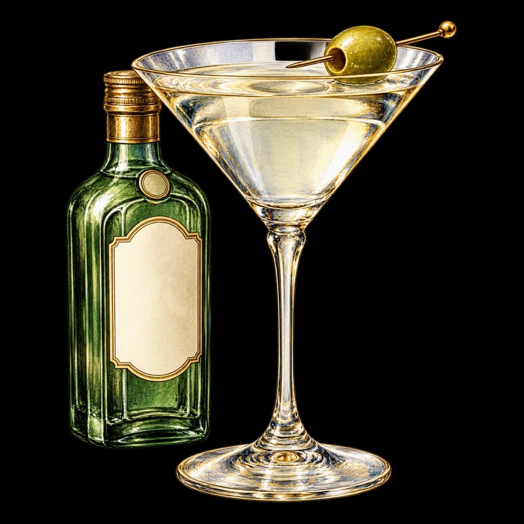 Dry Martini servido en copa martini. Ilustración de Alcopedia.