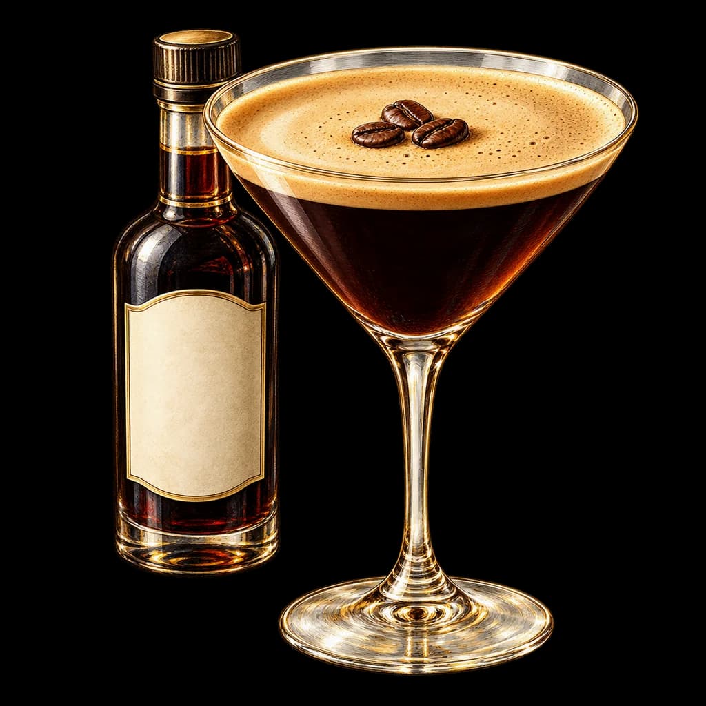 Espresso Martini servido en copa de cóctel. Ilustración de Alcopedia.