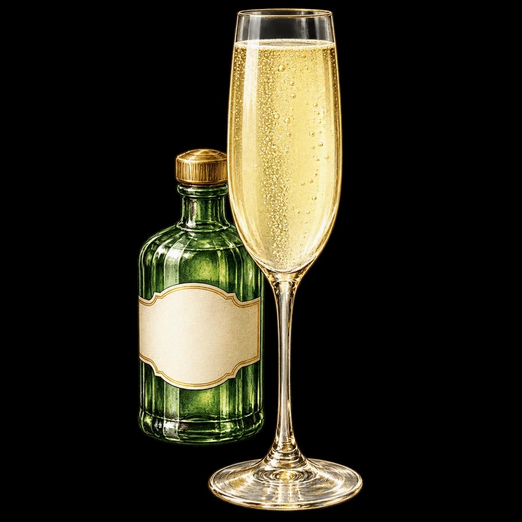 French 75 servido en copa flauta. Ilustración de Alcopedia.