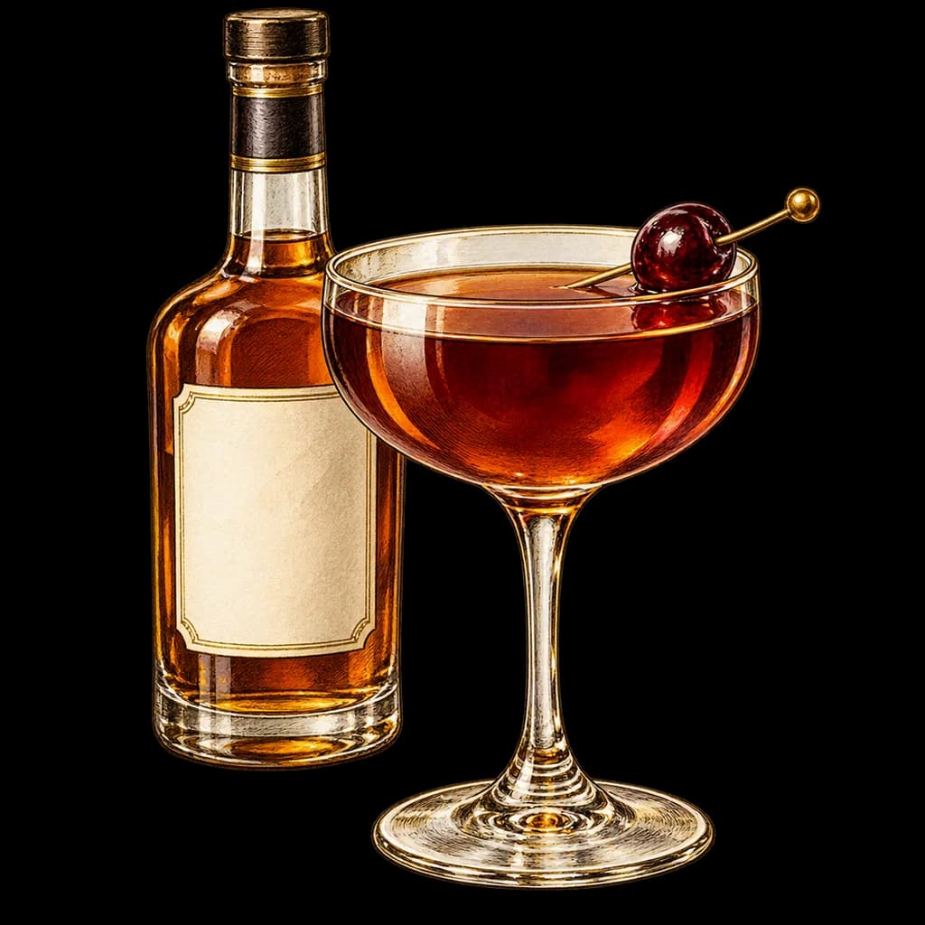 Manhattan servido en copa de cóctel. Ilustración de Alcopedia.