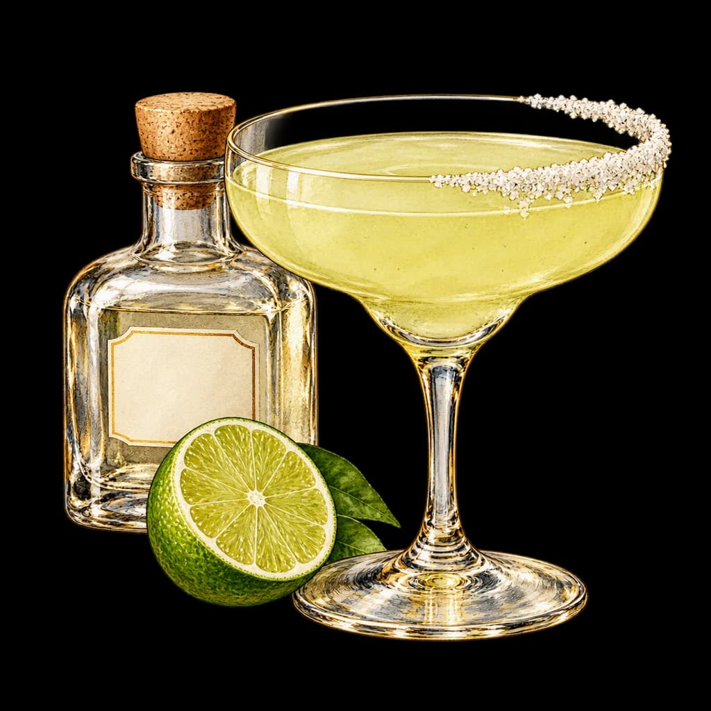 Margarita servido en copa de cóctel. Ilustración de Alcopedia.