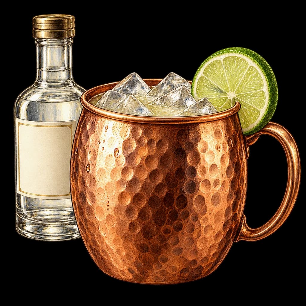 Moscow Mule servido en taza mule. Ilustración de Alcopedia.