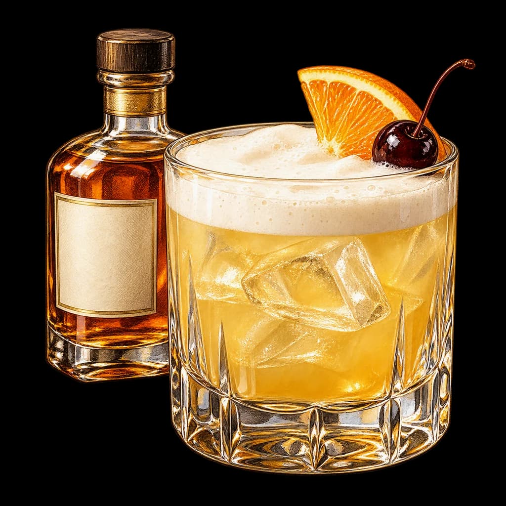 Whiskey Sour servido en vaso bajo. Ilustración de Alcopedia.